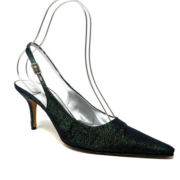 Dolce & Gabbana Iridescent Green Gold Fabric Slingback Low Kitten Heels 40 US 9 - Picture 1 of 11